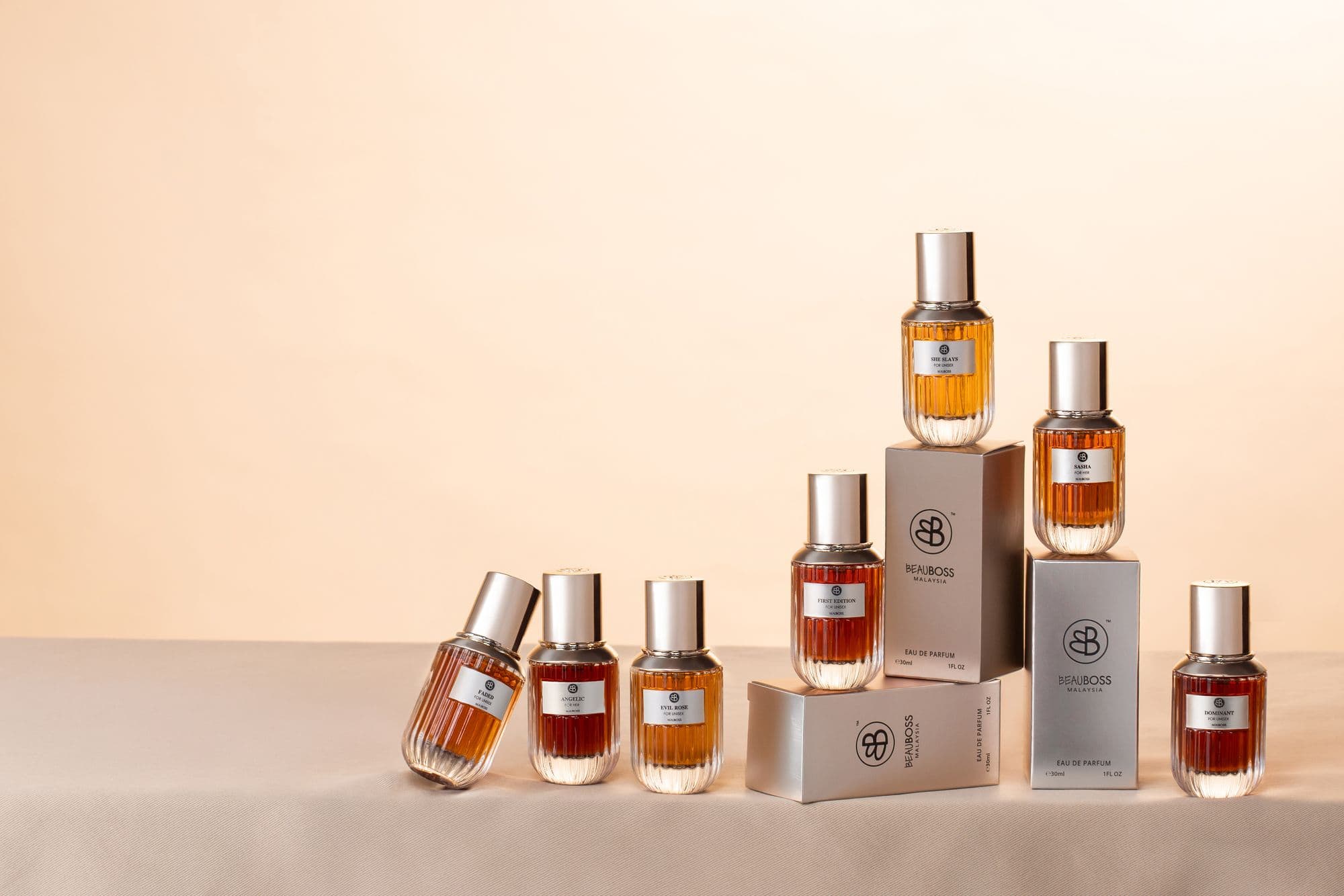 The Beauboss fragrance range lined up with gift boxes